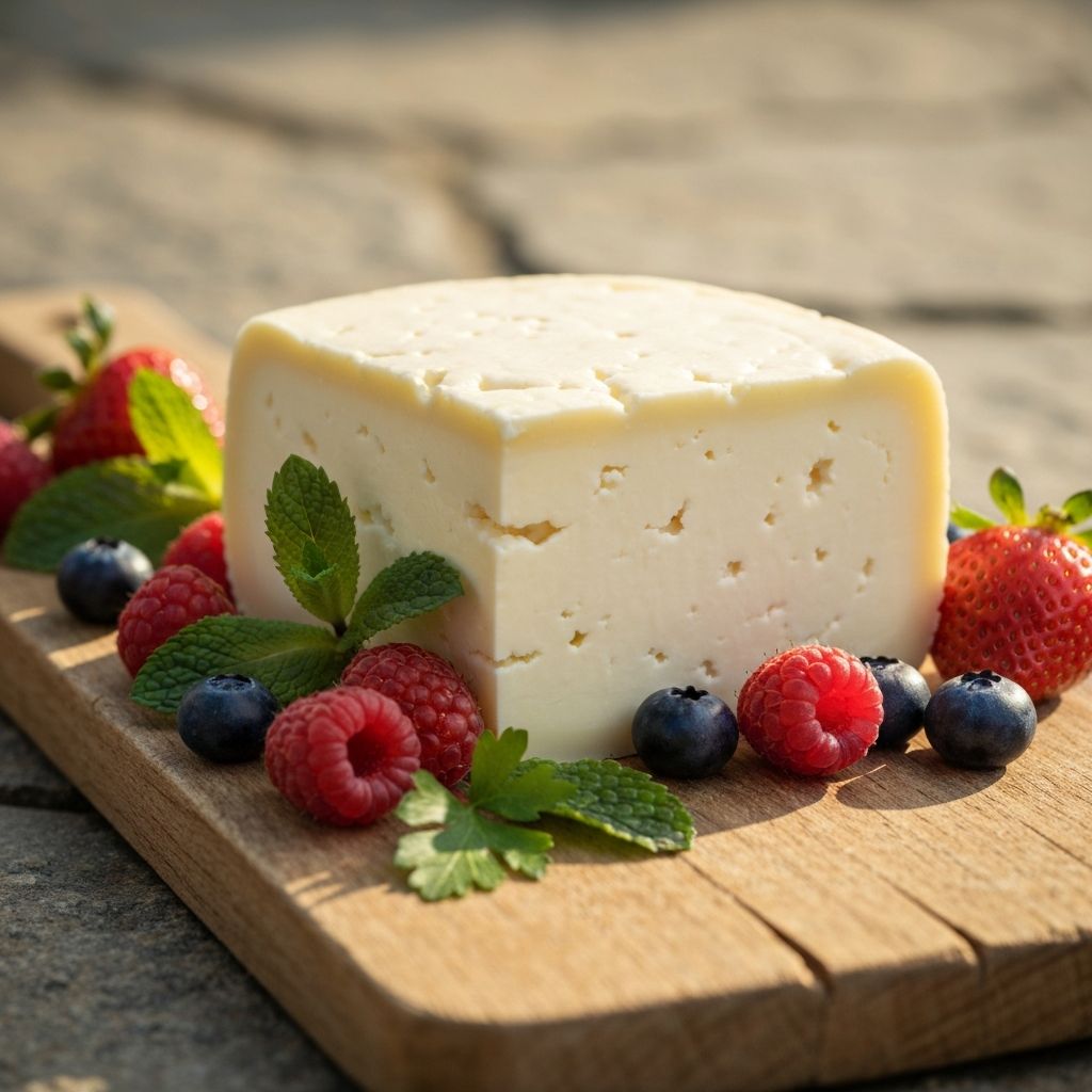 Fresh Polish farmer cheese on wooden board with fresh herbs and berries