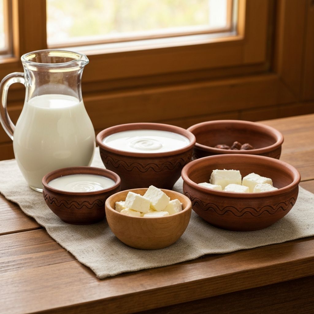 Artisanal kefir and traditional dairy products in clay and wooden bowls on wooden table